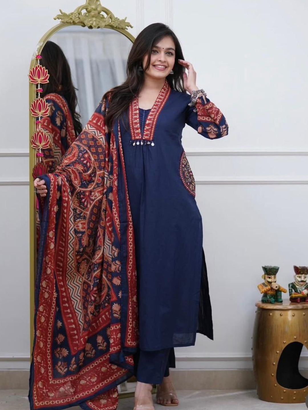 Navy Blue Printed Cotton Kurta Palazzo Set with Dupatta