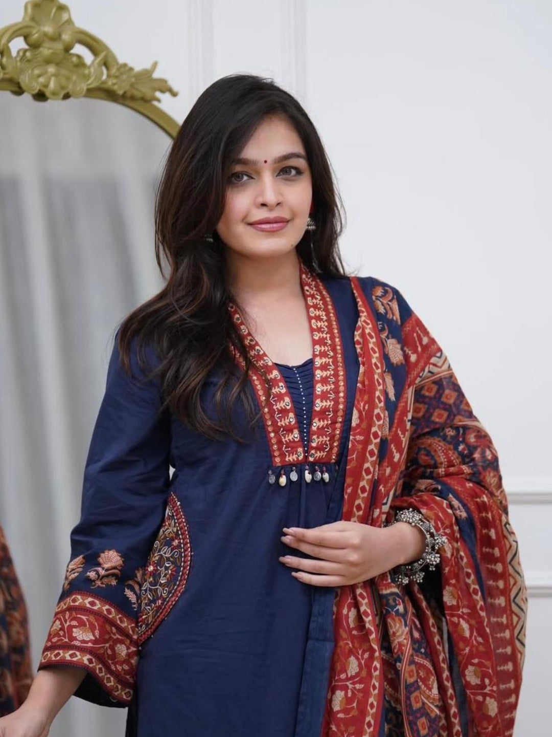 Navy Blue Printed Cotton Kurta Palazzo Set with Dupatta