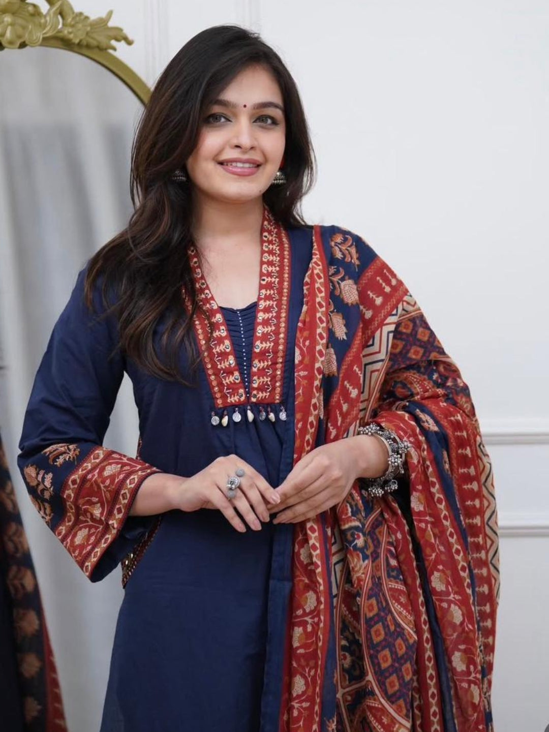Navy Blue Printed Cotton Kurta Palazzo Set with Dupatta