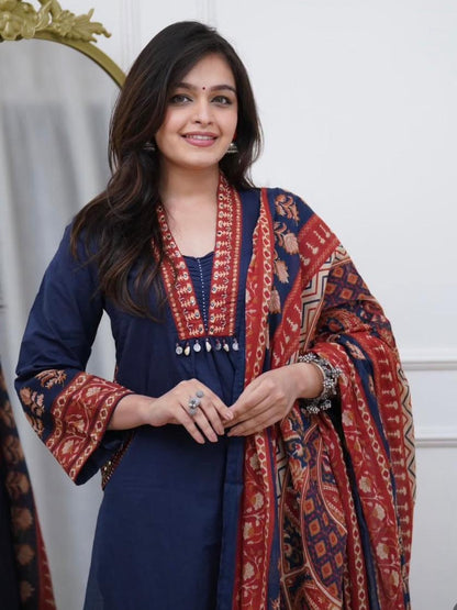 Navy Blue Printed Cotton Kurta Palazzo Set with Dupatta