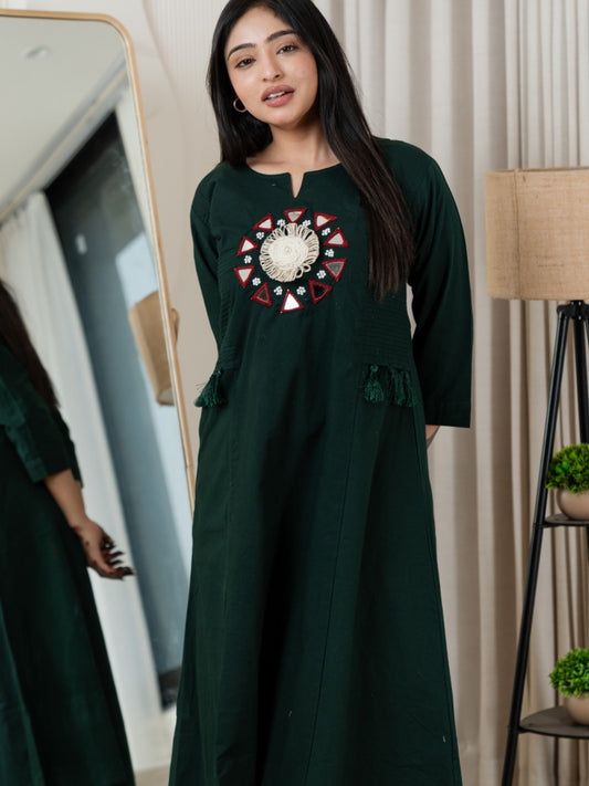 Bottle Green Dabu Cotton A-Line Kurta Set with Handcrafted Mirror Work Embroidery