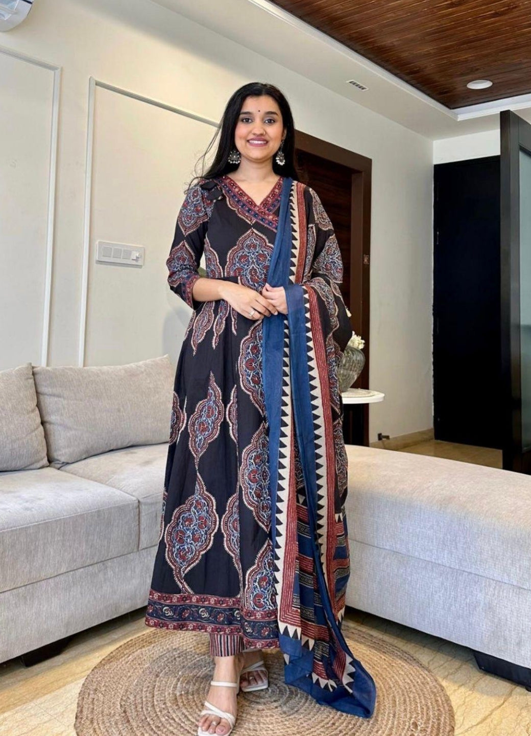 Black Cotton Anarkali Set with Traditional Block Print – Daily & Office Wear