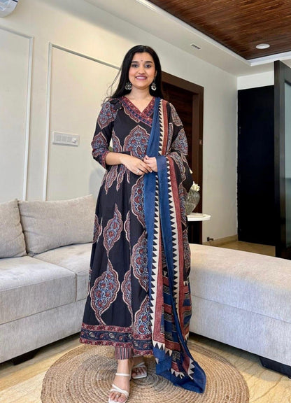 Black Cotton Anarkali Set with Traditional Block Print – Daily & Office Wear
