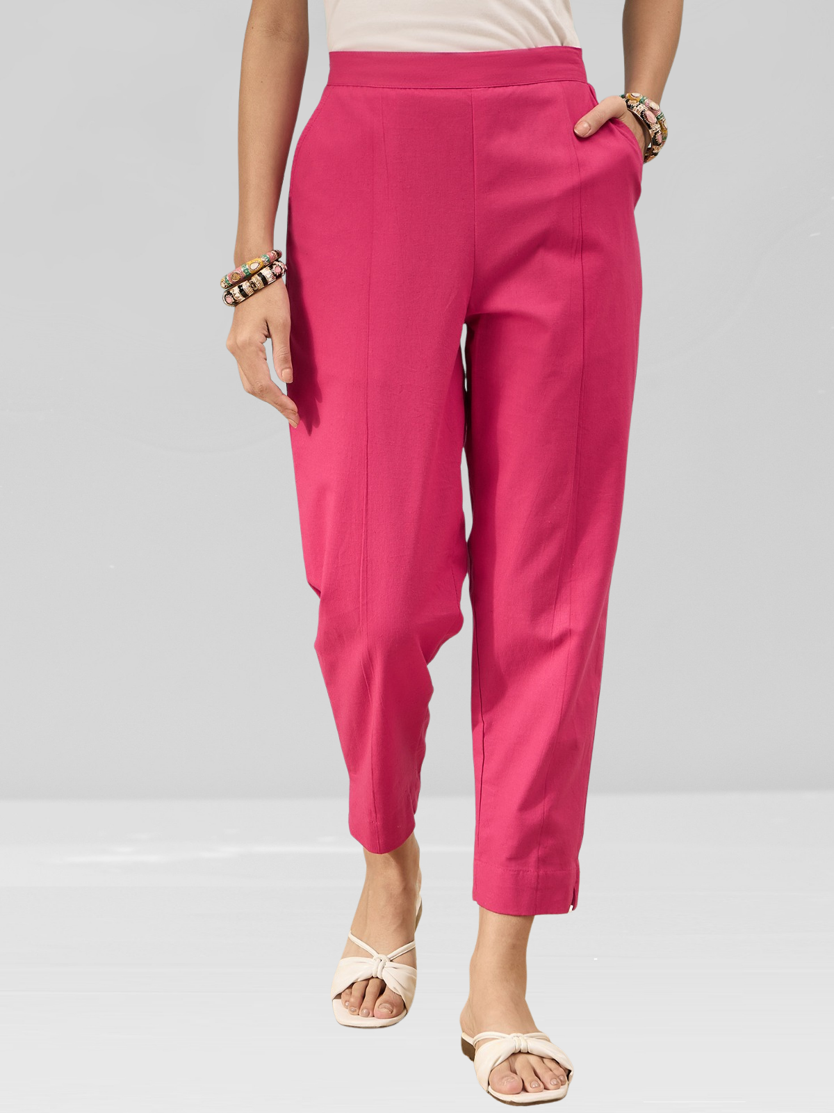 Bright Pink Cotton Flex Pants with Side Pockets