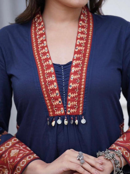 Navy Blue Printed Cotton Kurta Palazzo Set with Dupatta