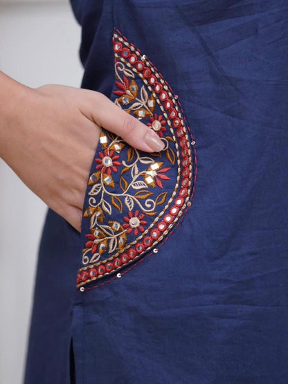 Navy Blue Printed Cotton Kurta Palazzo Set with Dupatta
