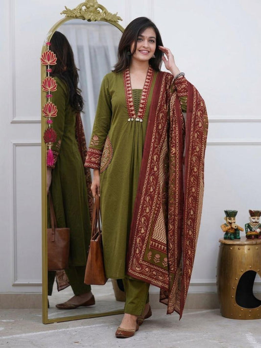 Olive Green Printed Cotton Kurta Palazzo Set with Dupatta