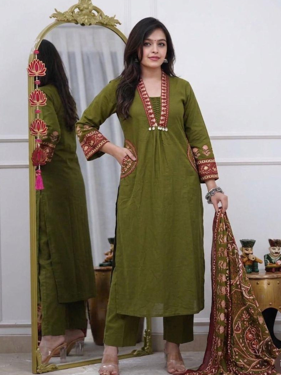 Olive Green Printed Cotton Kurta Palazzo Set with Dupatta