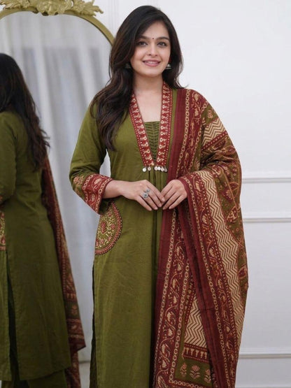 Olive Green Printed Cotton Kurta Palazzo Set with Dupatta