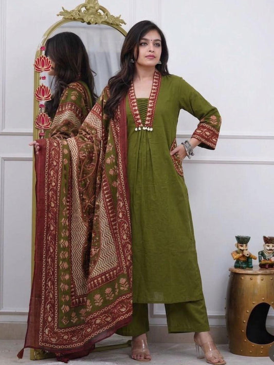 Olive Green Printed Cotton Kurta Palazzo Set with Dupatta