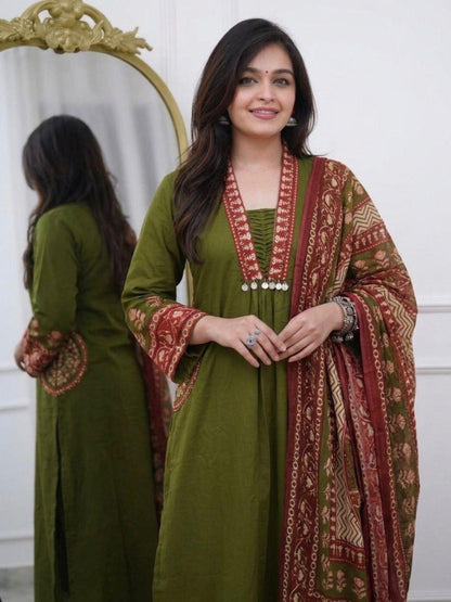 Olive Green Printed Cotton Kurta Palazzo Set with Dupatta