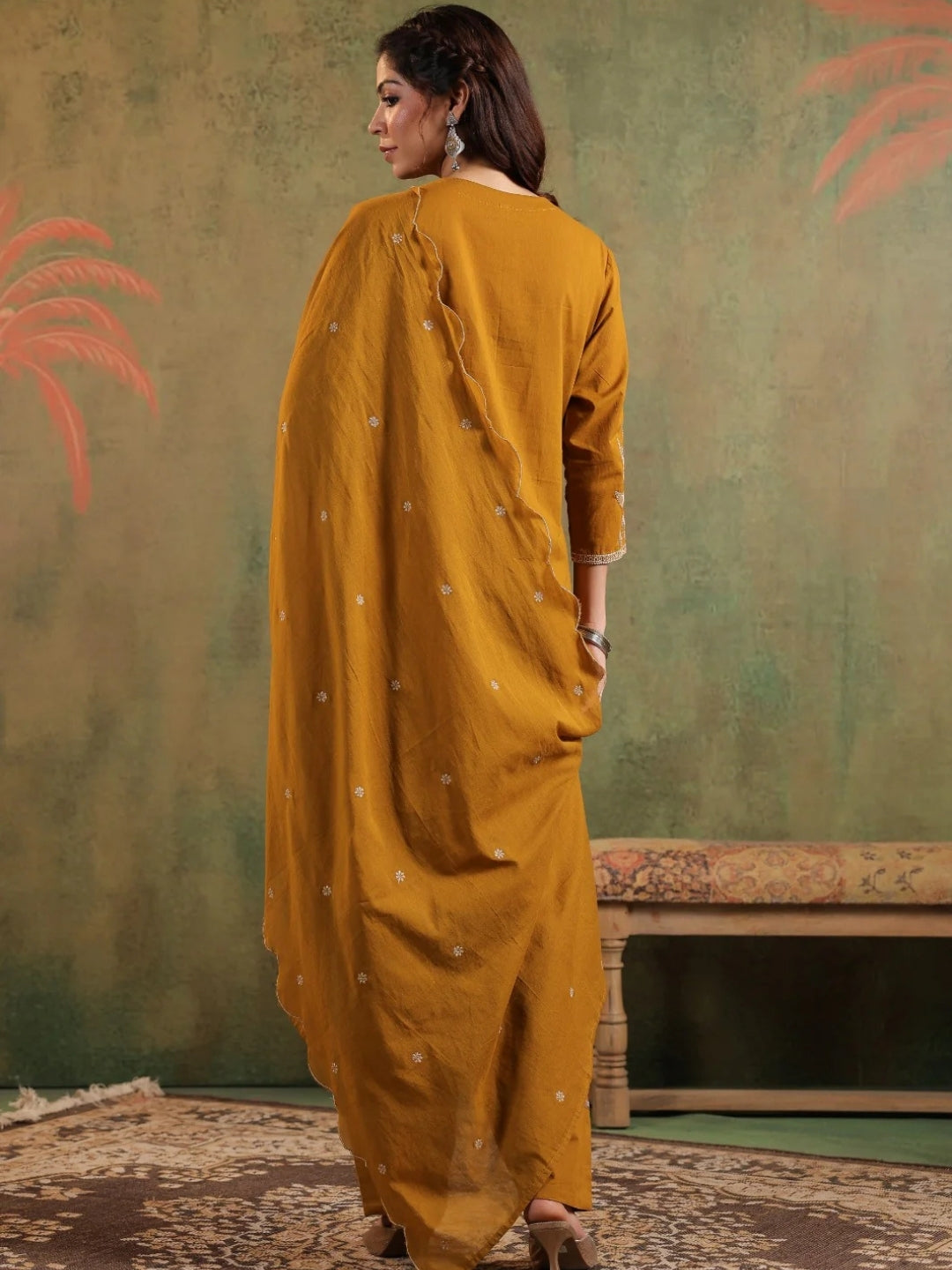Mustard Pure Cotton Embroidered Kurta Set with Farsi Salwar