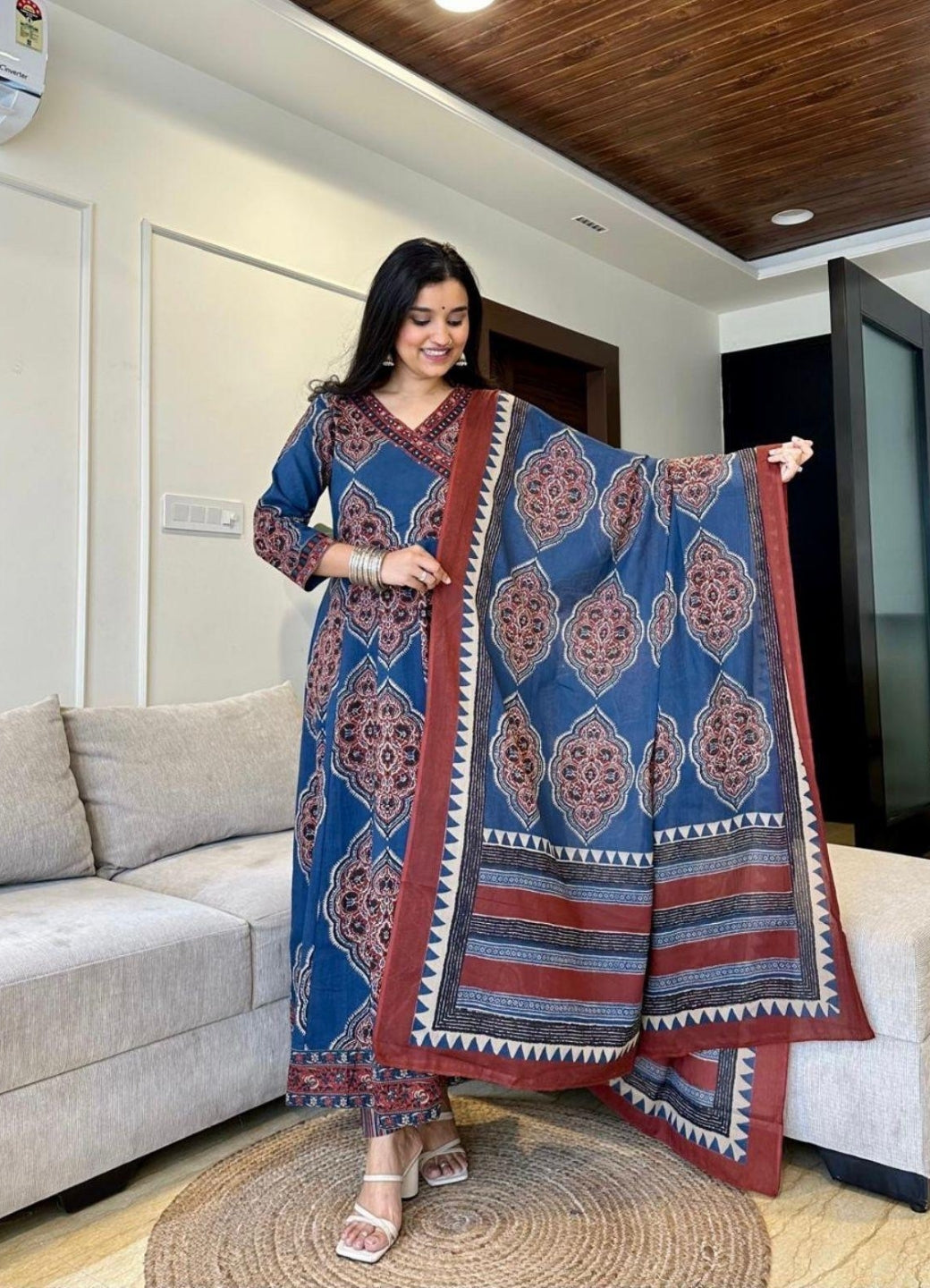Navy Blue Cotton Anarkali Set with Traditional Block Print – Daily & Office Wear