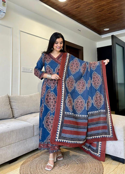 Navy Blue Cotton Anarkali Set with Traditional Block Print – Daily & Office Wear