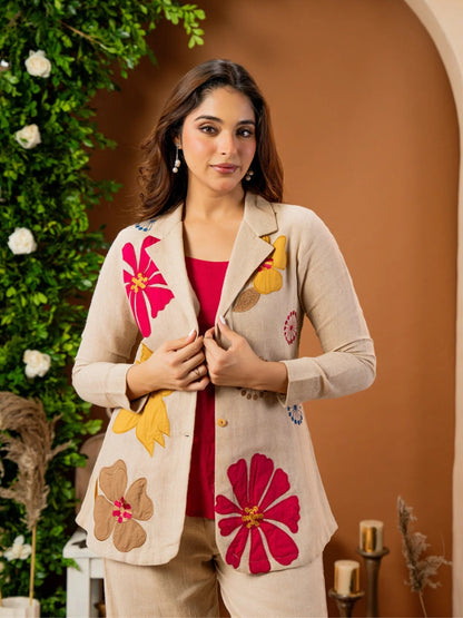 Floral Appliqué Jute Cotton Co-ord Set for Women