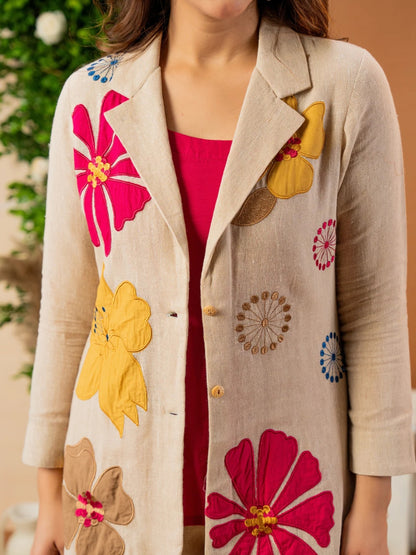 Floral Appliqué Jute Cotton Co-ord Set for Women