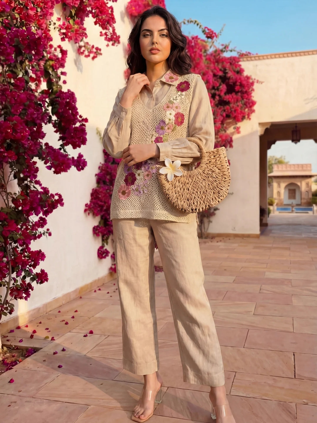 Floral Embroidered Beige Jute Cotton Co-ord Set for Women