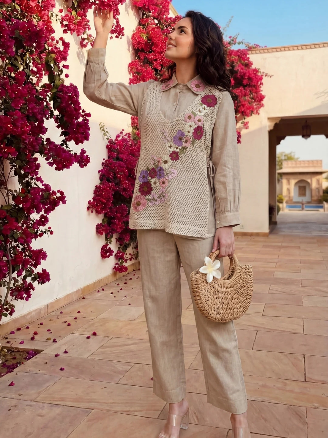 Floral Embroidered Beige Jute Cotton Co-ord Set for Women
