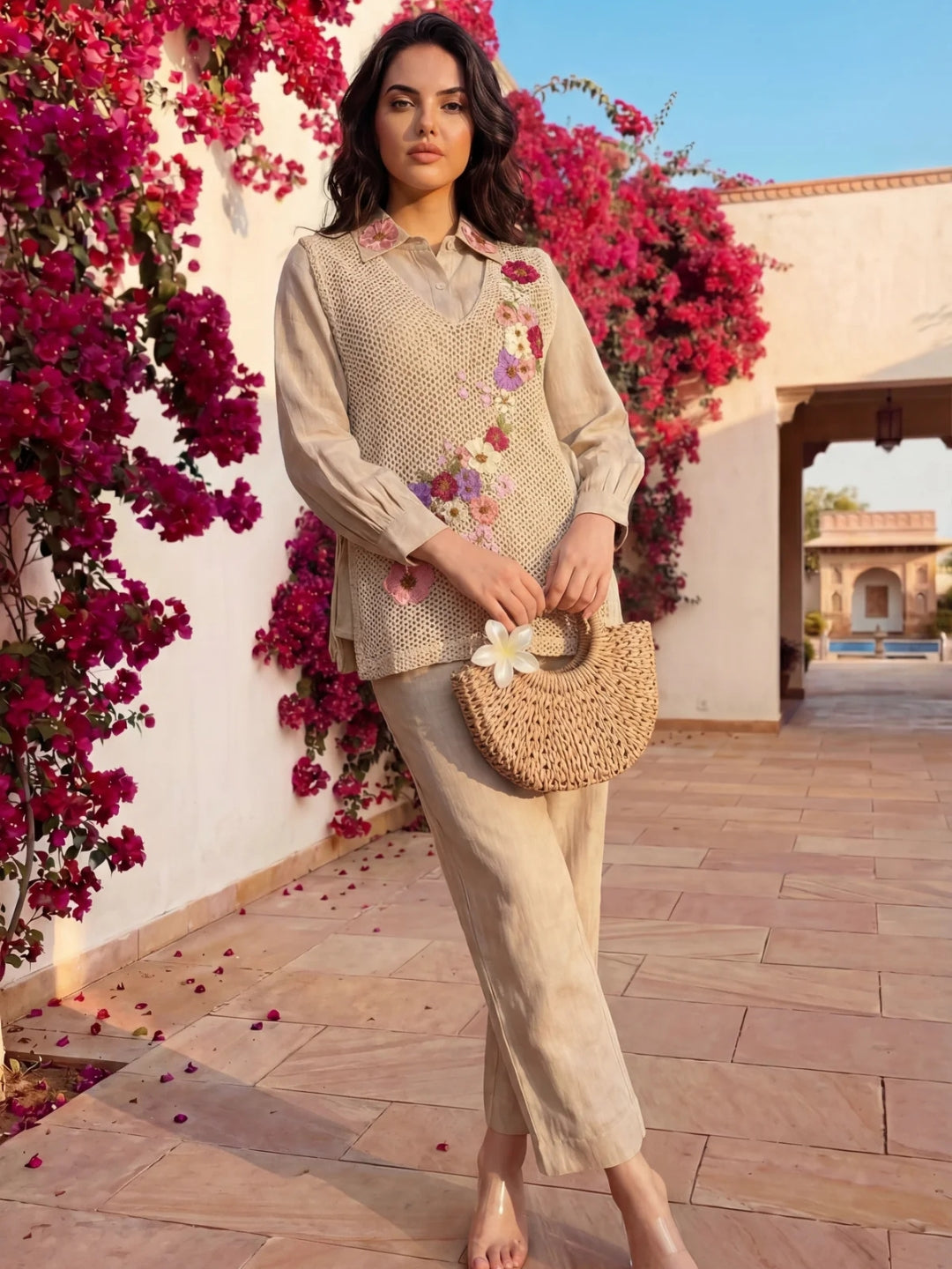 Floral Embroidered Beige Jute Cotton Co-ord Set for Women