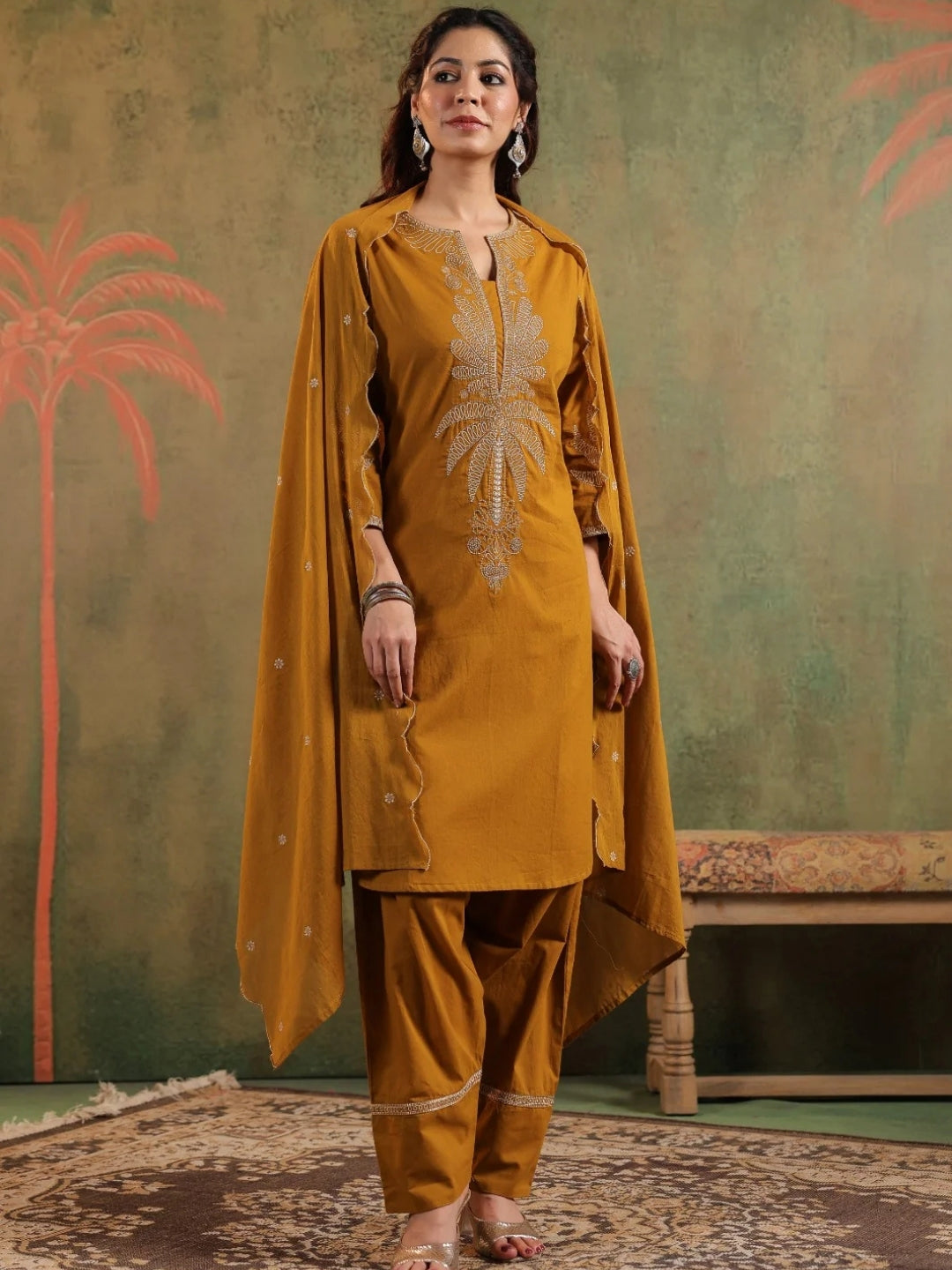Mustard Pure Cotton Embroidered Kurta Set with Farsi Salwar