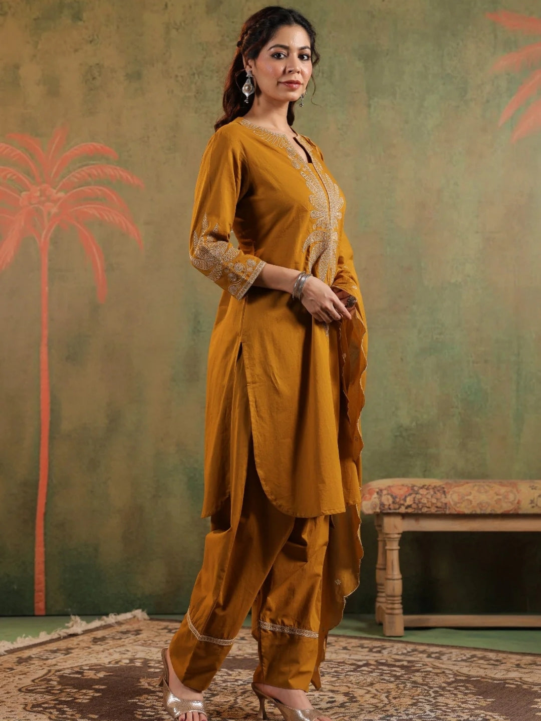 Mustard Pure Cotton Embroidered Kurta Set with Farsi Salwar