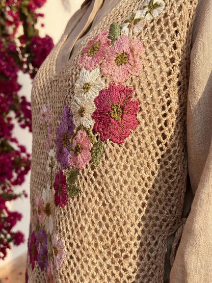 Floral Embroidered Beige Jute Cotton Co-ord Set for Women