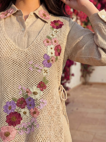 Floral Embroidered Beige Jute Cotton Co-ord Set for Women