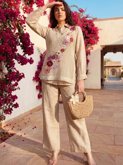 Floral Embroidered Beige Jute Cotton Co-ord Set for Women