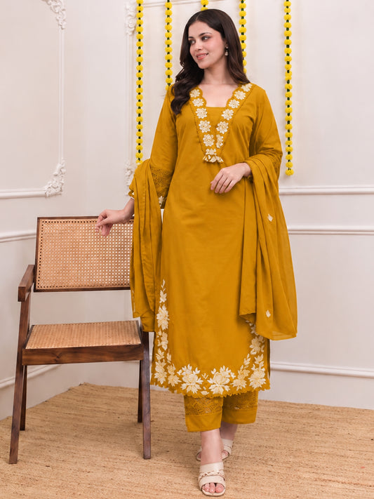 Mustard Embroidered Cotton Kurta Palazzo Set with Dupatta