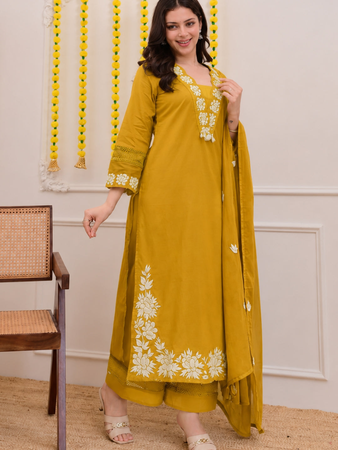Mustard Embroidered Cotton Kurta Palazzo Set with Dupatta