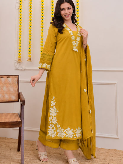 Mustard Embroidered Cotton Kurta Palazzo Set with Dupatta