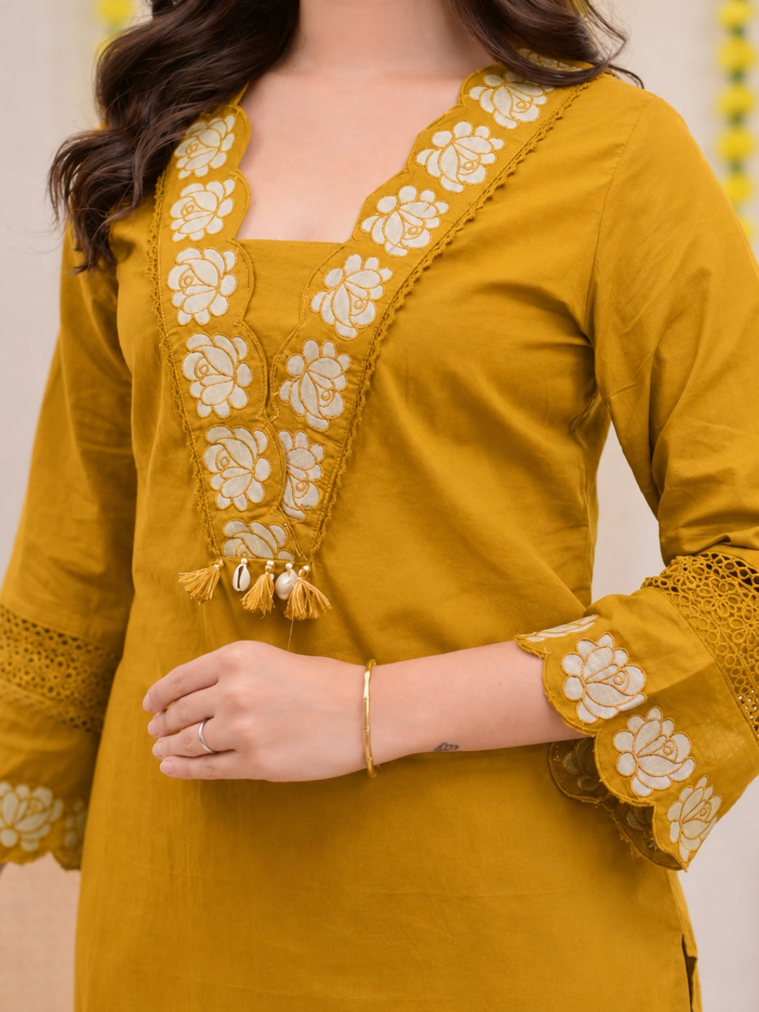 Mustard Embroidered Cotton Kurta Palazzo Set with Dupatta