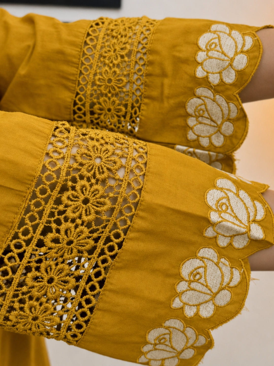 Mustard Embroidered Cotton Kurta Palazzo Set with Dupatta