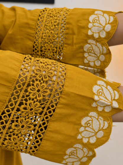 Mustard Embroidered Cotton Kurta Palazzo Set with Dupatta