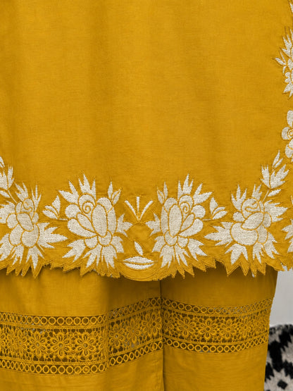 Mustard Embroidered Cotton Kurta Palazzo Set with Dupatta