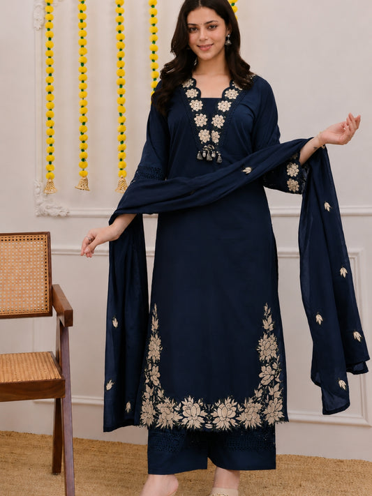 Navy Blue Embroidered Cotton Kurta Palazzo Set with Dupatta