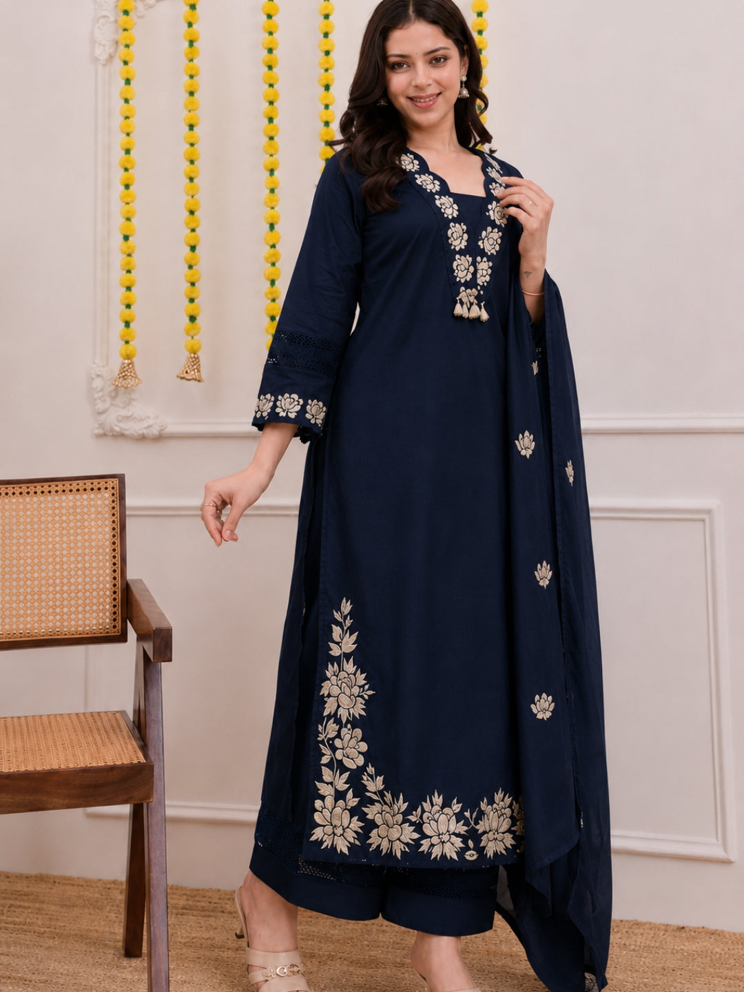 Navy Blue Embroidered Cotton Kurta Palazzo Set with Dupatta