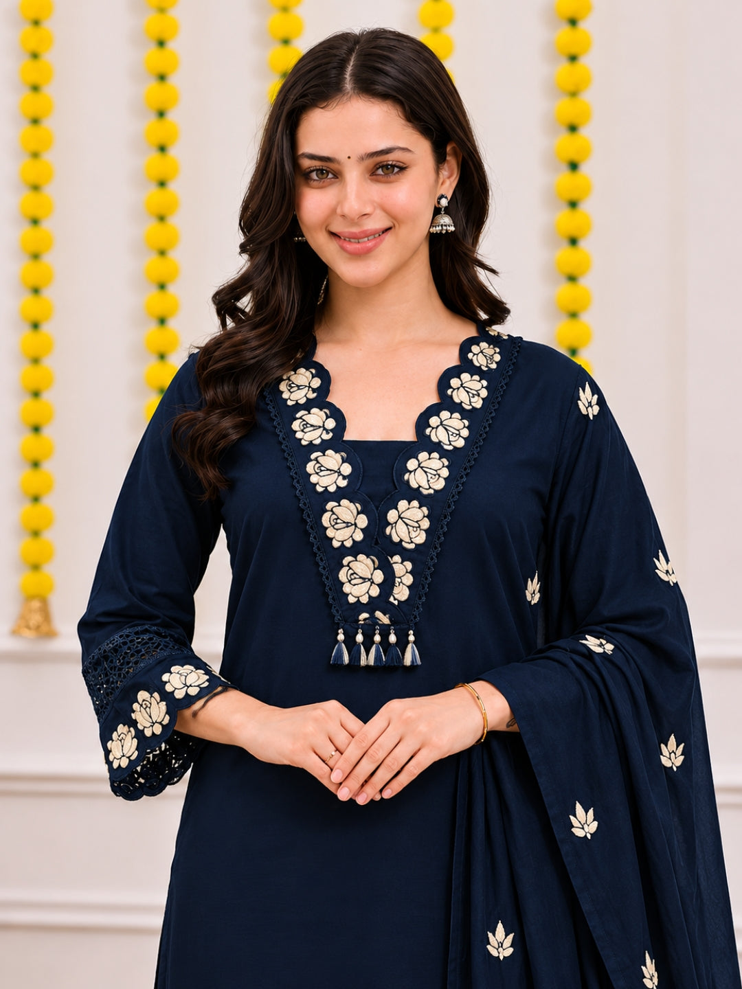 Navy Blue Embroidered Cotton Kurta Palazzo Set with Dupatta