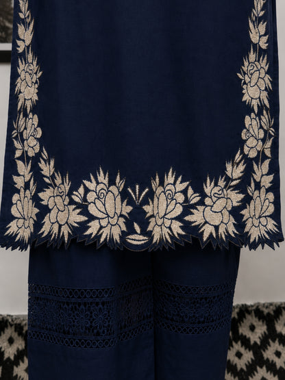 Navy Blue Embroidered Cotton Kurta Palazzo Set with Dupatta