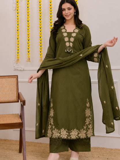 Green Embroidered Cotton Kurta Palazzo Set with Dupatta