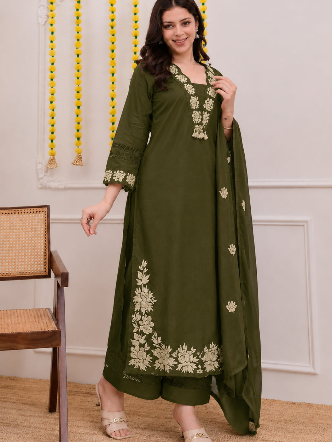Green Embroidered Cotton Kurta Palazzo Set with Dupatta