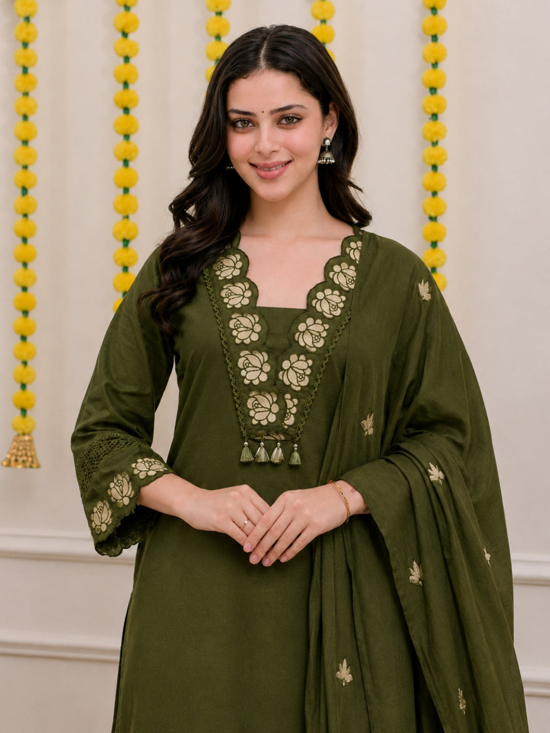 Green Embroidered Cotton Kurta Palazzo Set with Dupatta
