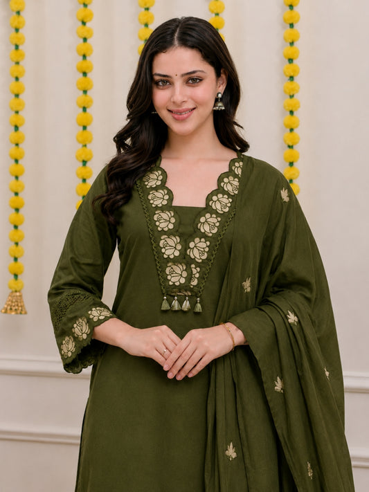 Green Embroidered Cotton Kurta Palazzo Set with Dupatta