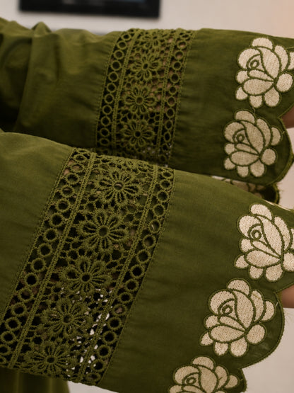 Green Embroidered Cotton Kurta Palazzo Set with Dupatta