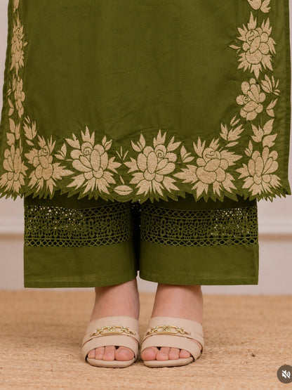 Green Embroidered Cotton Kurta Palazzo Set with Dupatta