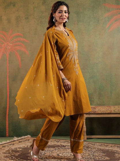 Mustard Pure Cotton Embroidered Kurta Set with Farsi Salwar