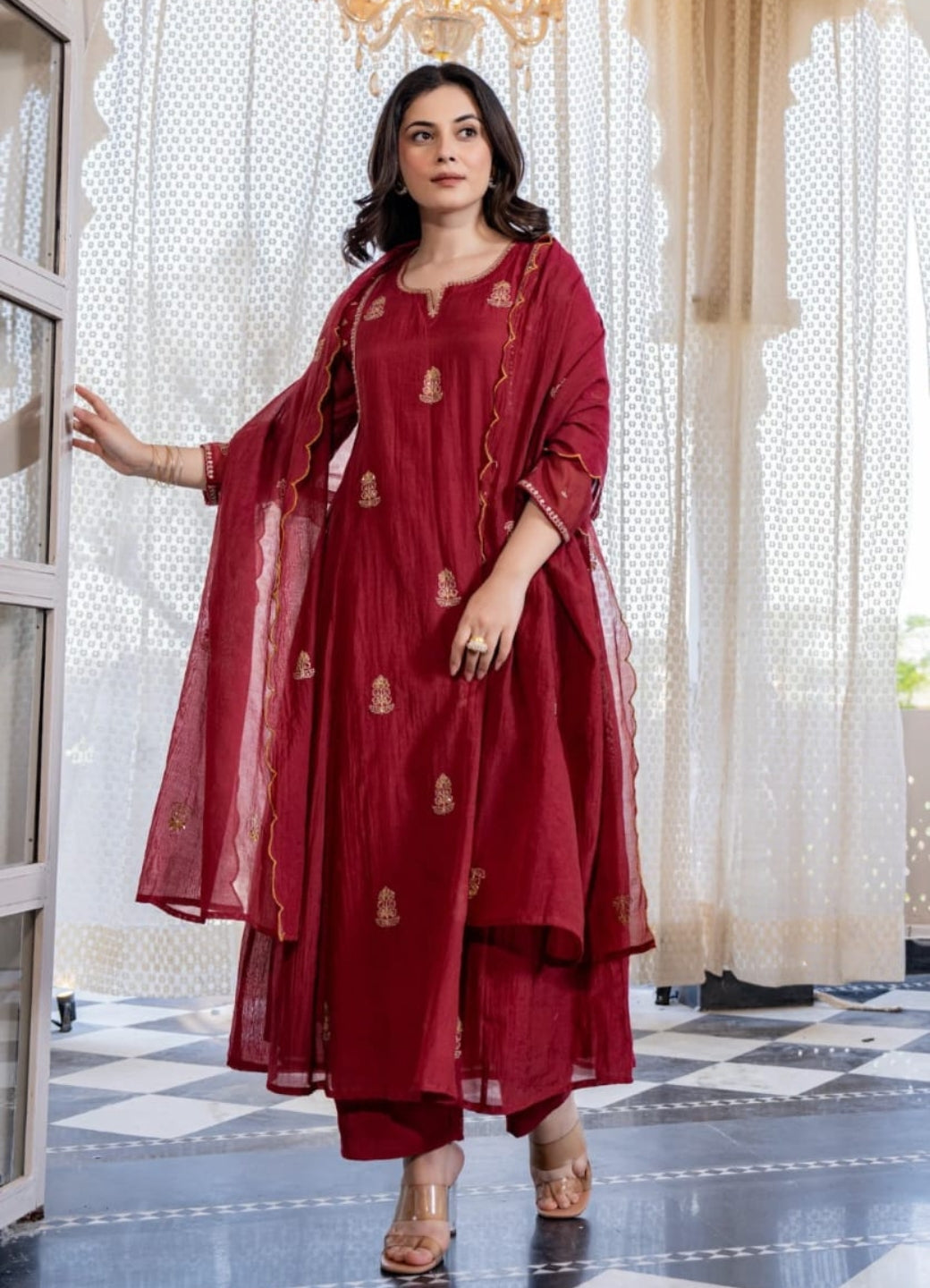 Maroon Mul Chanderi Embroidered Anarkali Suit Set with Dupatta – Festive & Occasion Wear