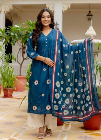 Deep Teal Blue Cotton Embroidered Suit Set with Floral Dupatta