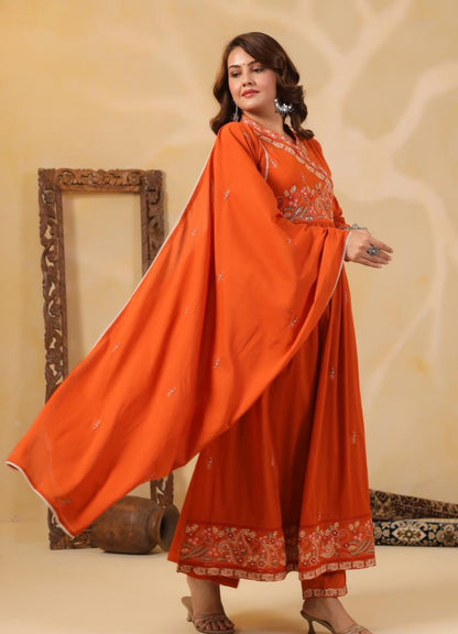 Rust Orange Mul Cotton Angarkha Suit Set with Embroidered Detailing – Ethnic Wear