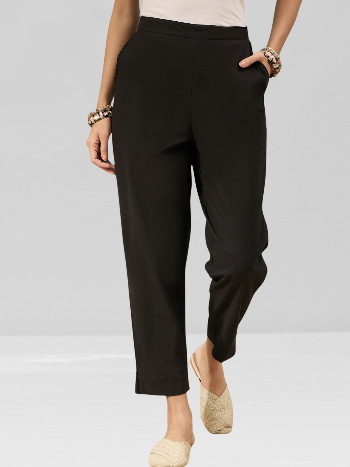 Black Cotton Flex Pants with Side Pockets
